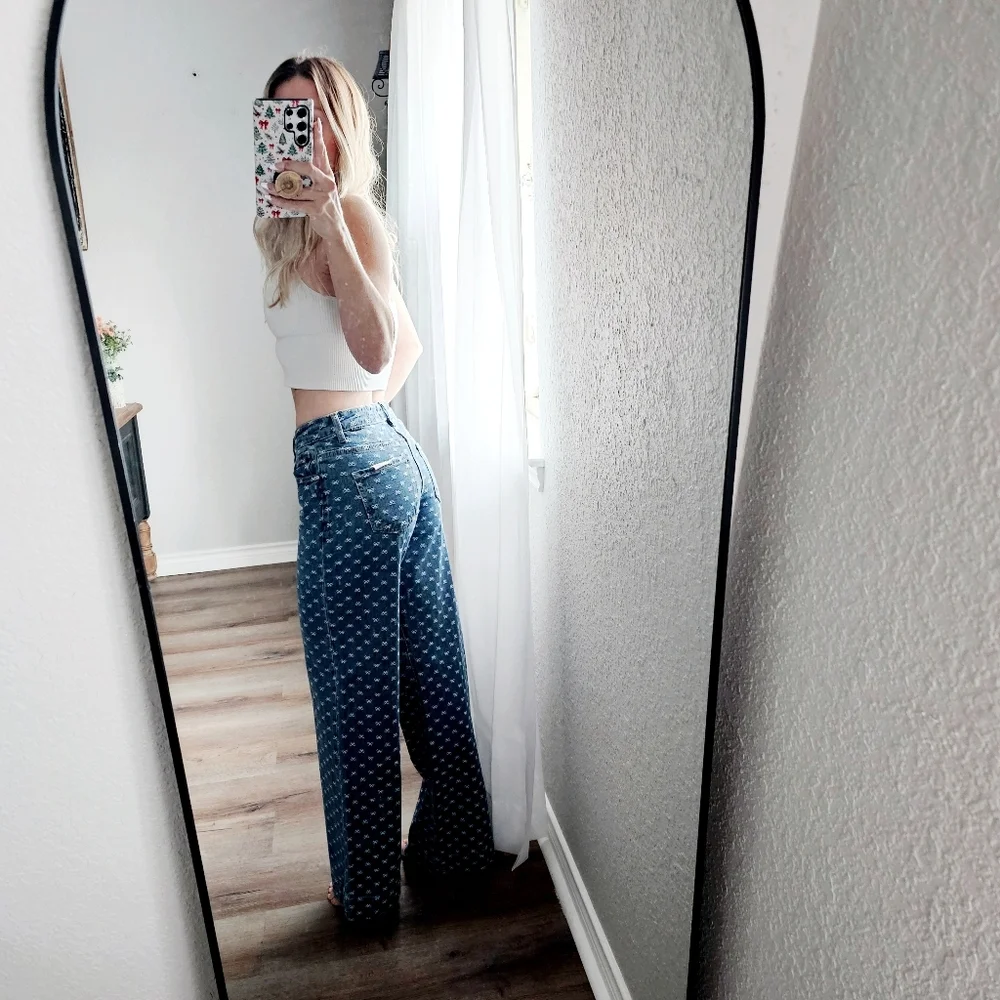 Risen High Rise Dark Wash Classic Wide Leg Jeans Bow Embroidered Various NEW - Picture 11 of 15